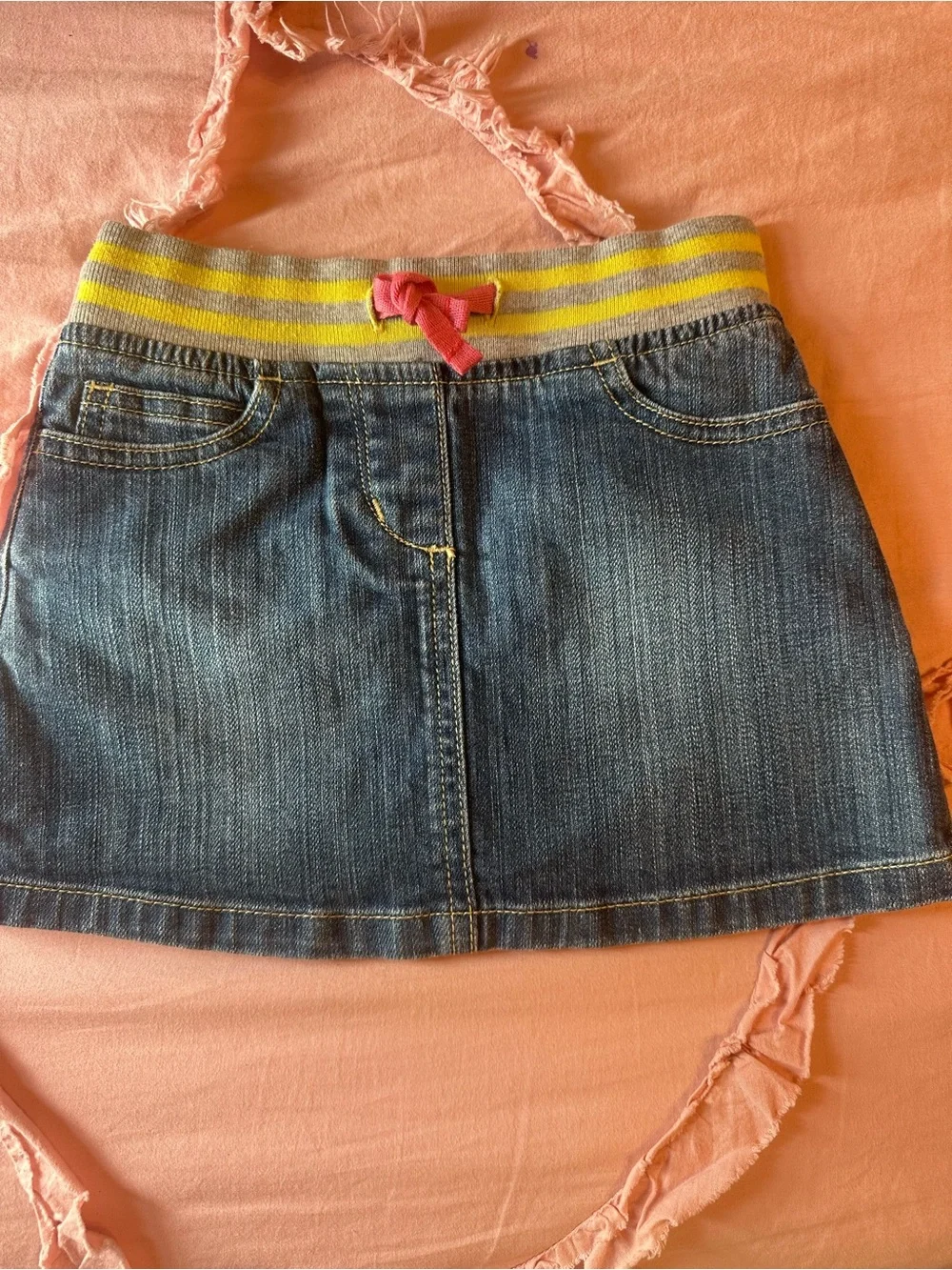Mini Boden Blue Denim Skirt with Yellow Stripe Waistband and Pink Drawstring